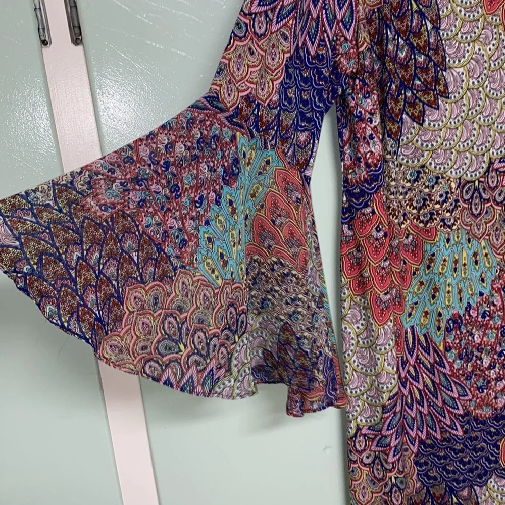 DRESS MSK WOMEN MULTI COLORED BOHO DRESS BELLE SLEEVES SIZE 1X - Picture 3 of 7